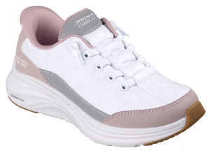 White sneaker with white laces, light pink trim, gray accents, a light brown sole, and "COZY FIT" visible on the tongue.