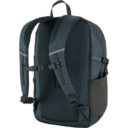 Back view of a navy blue backpack with adjustable straps and side pocket.
