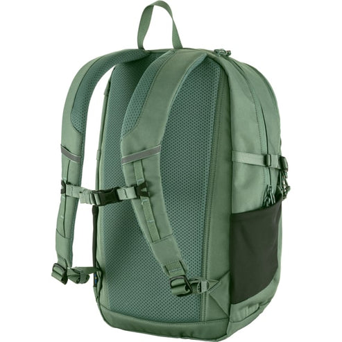 Light green backpack showing the back and sides, mesh padding, adjustable straps, buckle closures, and a water bottle pocket.