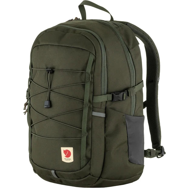 Dark green backpack with adjustable straps and bungee cord on front.