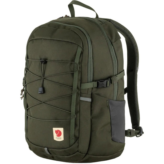 Dark green backpack with adjustable straps and bungee cord on front.