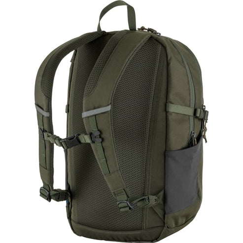 Olive green backpack with padded shoulder straps, side pocket, and adjustable buckles.