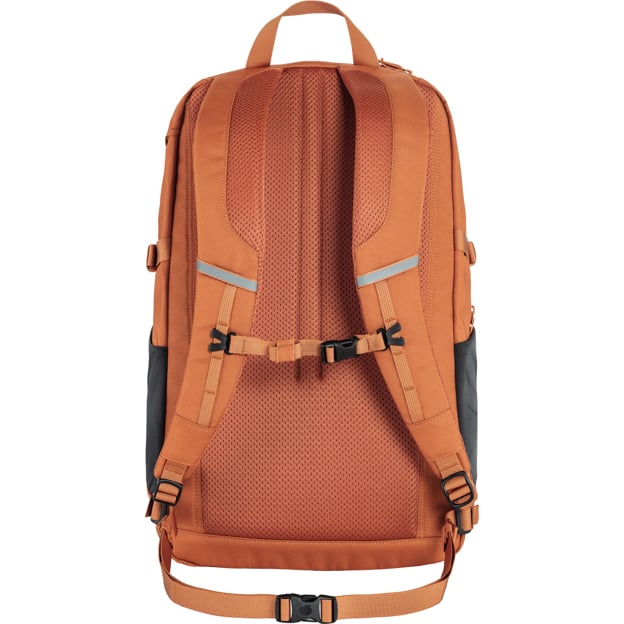 Back view of a copper-colored backpack featuring padded shoulder straps and breathable mesh back panel with a sternum strap and a waist belt.