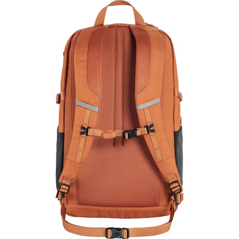 Back view of a copper-colored backpack featuring padded shoulder straps and breathable mesh back panel with a sternum strap and a waist belt.