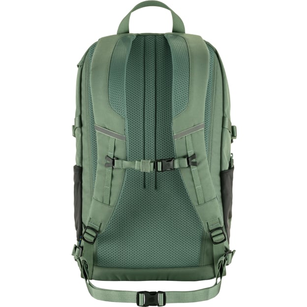 Back view of a green backpack with black side pockets, adjustable straps, and a carrying handle.