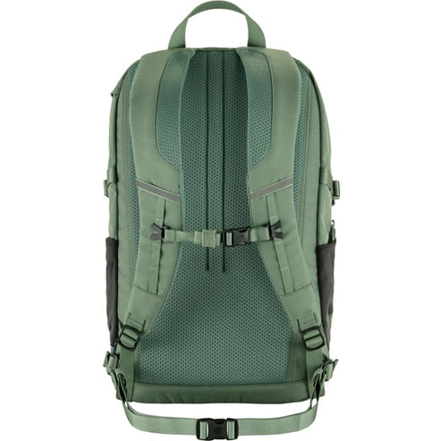 Back view of a green backpack with black side pockets, adjustable straps, and a carrying handle.