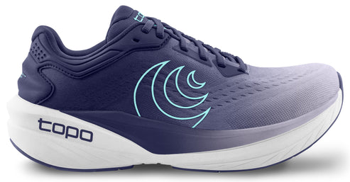 Running shoe with a blue upper that fades from dark to light and a white midsole. The word "topo" is printed on the heel.