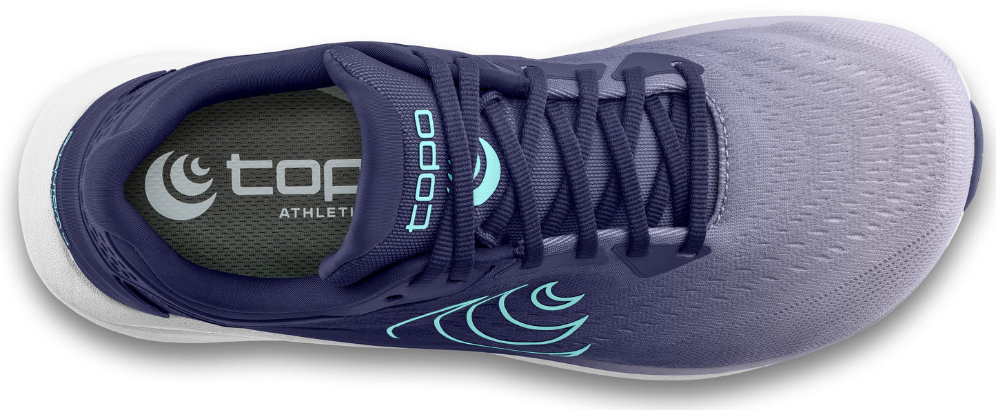 Overhead view of a running shoe in navy and light blue with white sole.