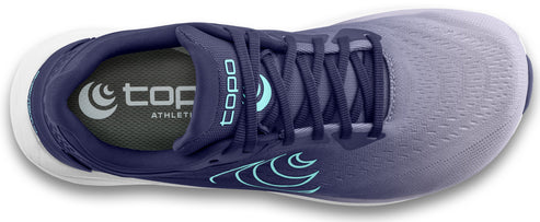 Overhead view of a running shoe in navy and light blue with white sole.