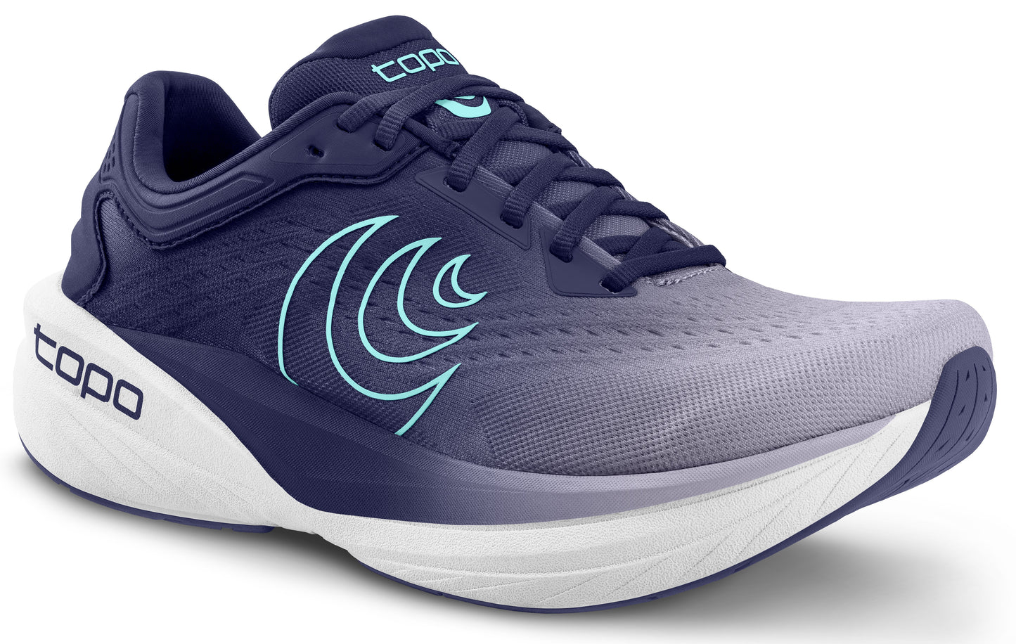 Running shoe with a fade from light gray to dark blue, white sole, light blue accents, and 'topo' text near the heel.