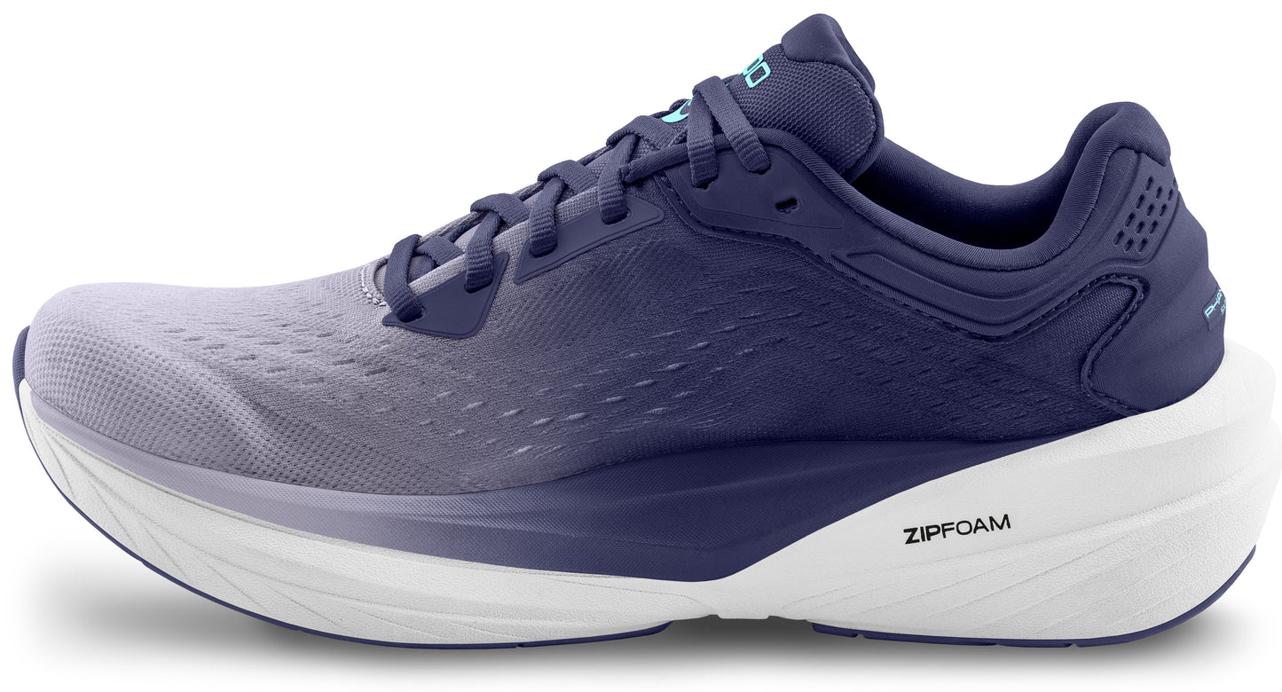 Running shoe in gradient purple, side view; features zipfoam sole.