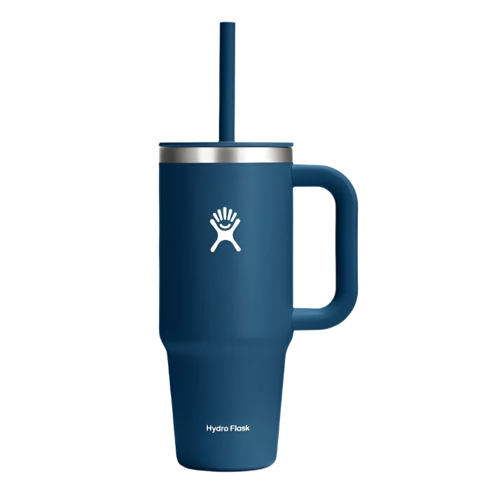 Navy blue mug with a handle, straw and logo on the side.