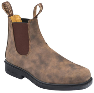 Chelsea-style, brown nubuck ankle boot with elastic side panels and heel and tongue pull tabs on a chunky black sole.