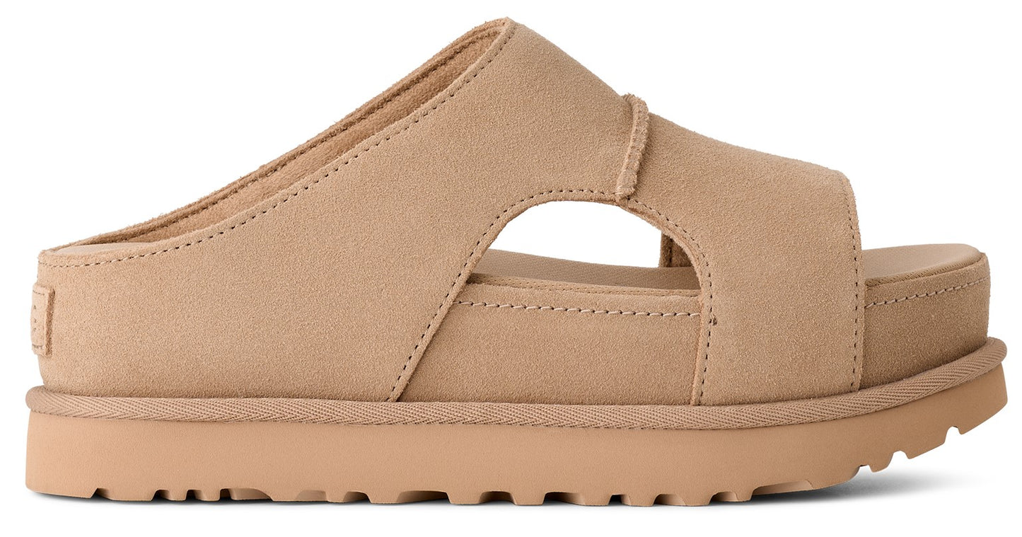 Tan platform sandal with cutout.