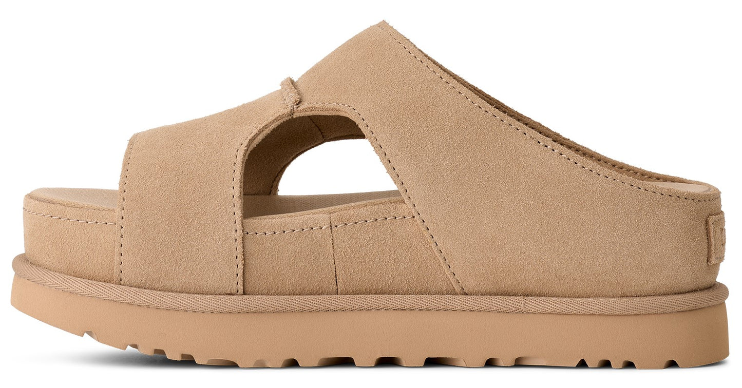 Tan suede platform sandal with thick straps and open toe.