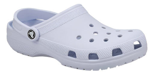 White clog with a pivoting heel strap and holes on top.