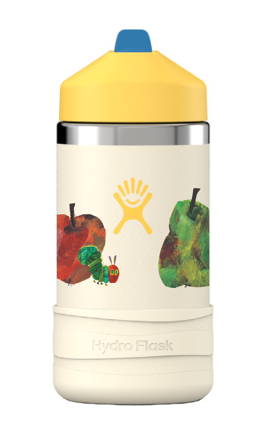 insulated water bottle with a graphic of "The Very Hungry Caterpillar" eating an apple and a pear, with yellow top and white bottom