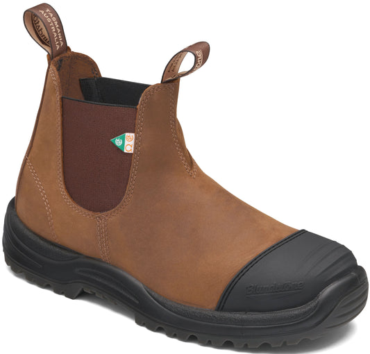 A brown leather work boot with black toe and sole.