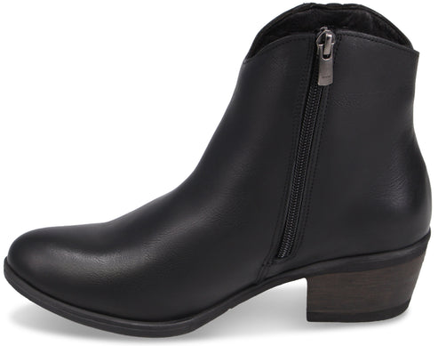 A black ankle boot with a rounded toe, a side zipper closure, and a low, dark brown stacked heel shown from the side.