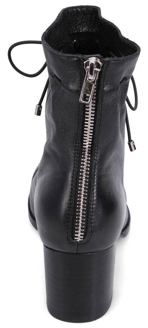 Back view of a black leather ankle boot with a silver zipper.