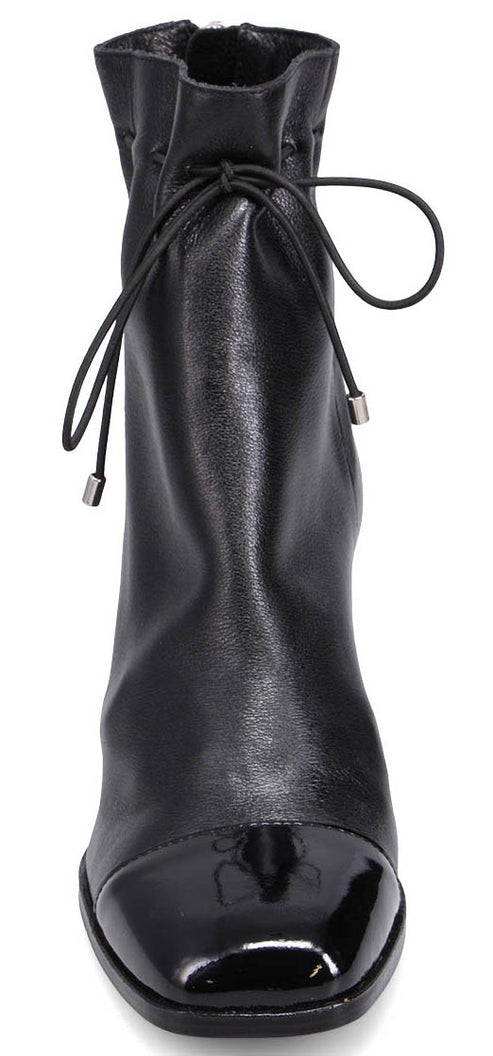 A black, shiny leather ankle boot with a drawstring at the top.