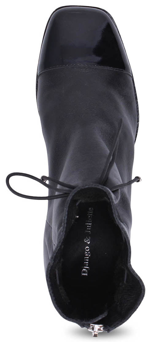 Black high heeled ankle boot with a patent toe and a lace-up closure.