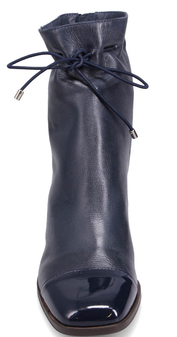 Navy blue leather boot with square toe and drawstring at top.