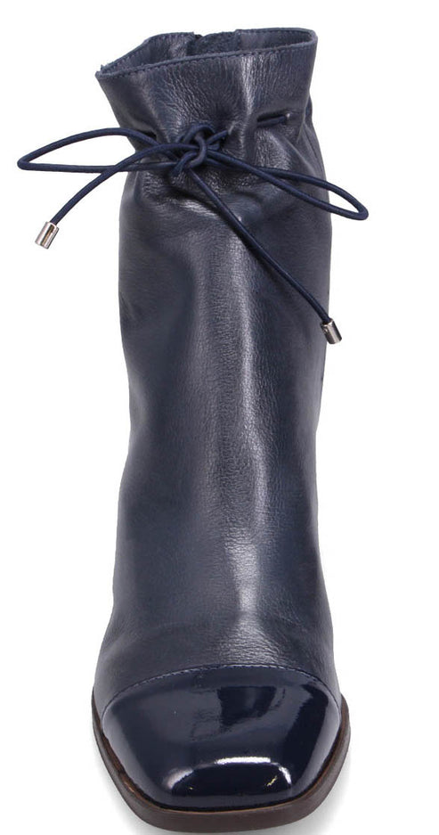 Navy blue leather boot with square toe and drawstring at top.