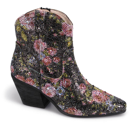 Rhinestone-covered floral cowboy boot with a slanted heel.