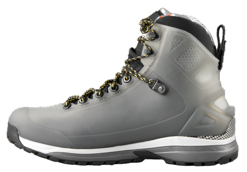 Gray hiking boot with a white sole and black and yellow laces.