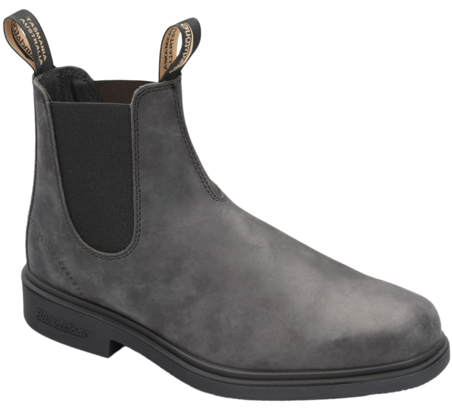 Gray leather Chelsea boot with black elastic sides and logo tag on pull loops