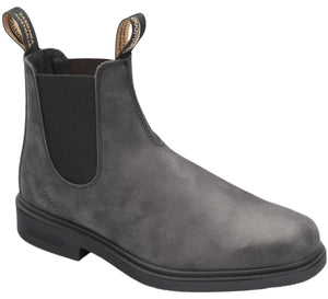 Gray leather Chelsea boot with black elastic sides and logo tag on pull loops
