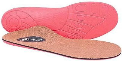 A pair of pink and tan insoles are angled with one on top of the other.