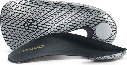 Two arch supports, one black and one patterned