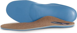 Orthotic insoles insole with brown fabric texture and blue supporting arch piece.