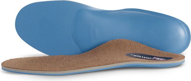 Orthotic insoles insole with brown fabric texture and blue supporting arch piece.