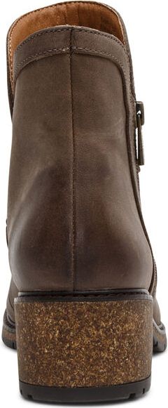 Back view of brown ankle boot with stacked heel.