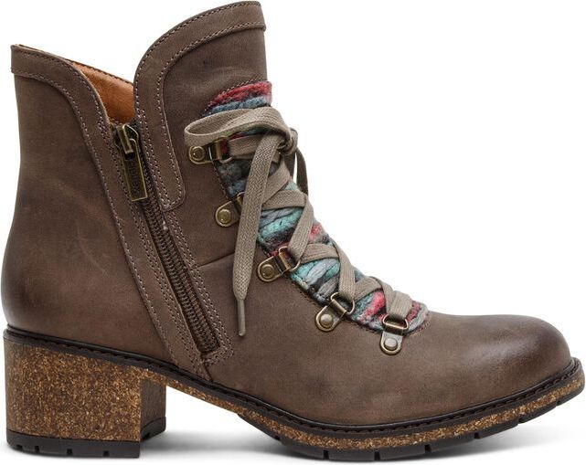 Ankle-high brown leather boot with a block heel, side zipper, and decorative laces over a colorful textile.