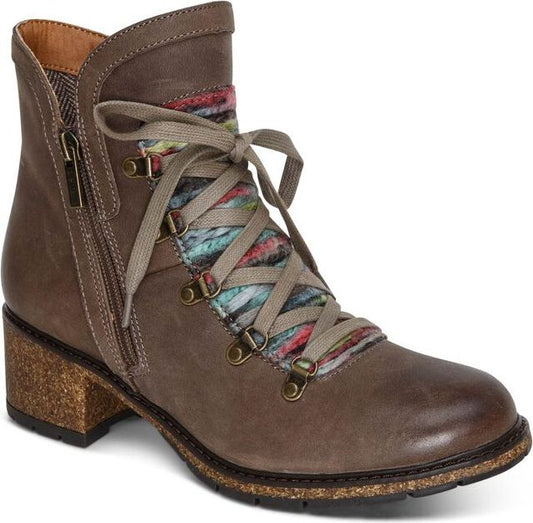 Taupe leather ankle boot with laces and side zipper, and a cork block heel.