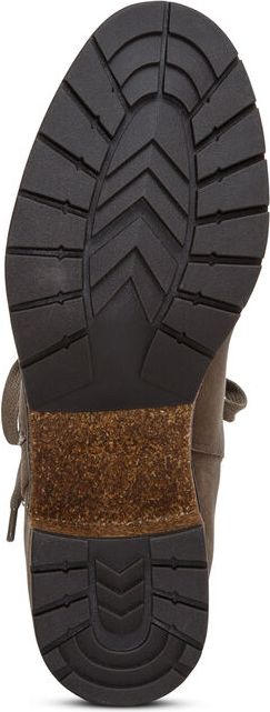 The sole of a boot showing black tread and a light brown cork heel.