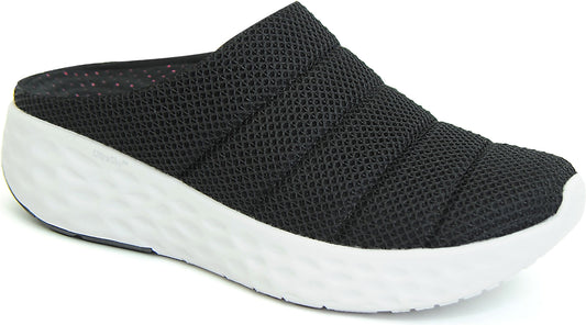 Black mesh slipper with a white platform sole.