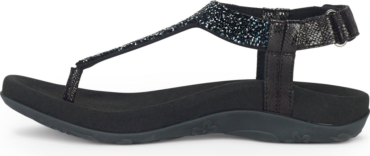A sandal in black with glittery straps.