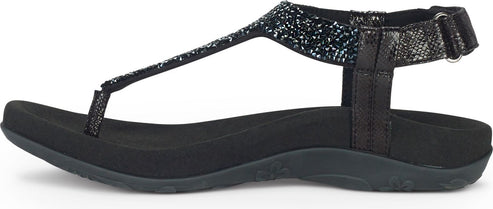 A sandal in black with glittery straps.