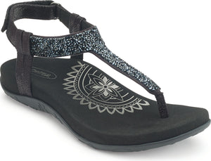 Black sandal with thin bejeweled straps and ankle strap.