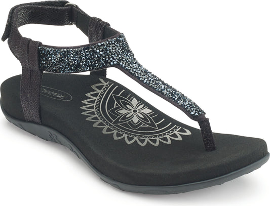 Black sandal with thin bejeweled straps and ankle strap.