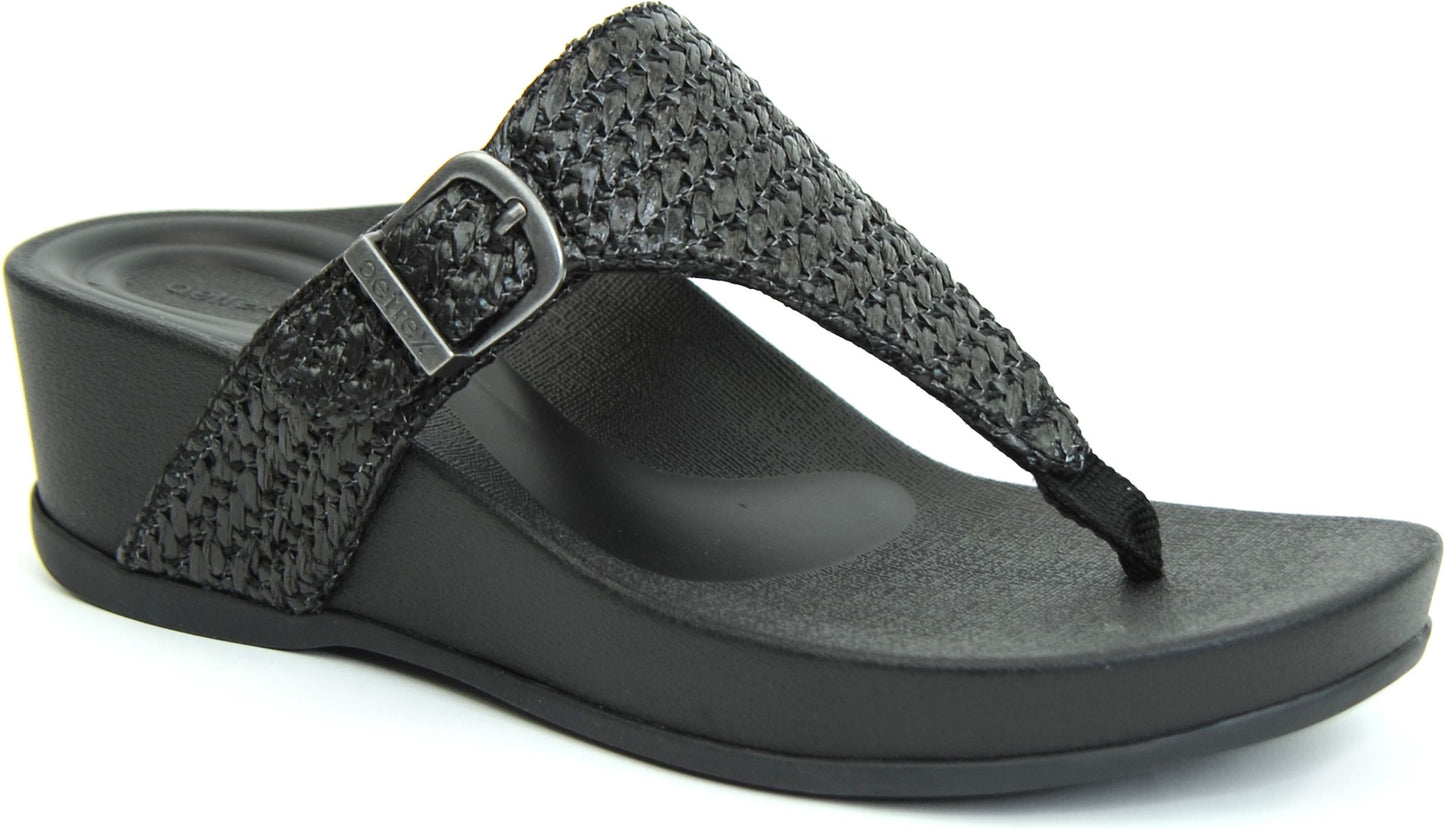 Black wedge thong sandal with buckle strap.