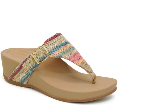 Wedge sandal with a multicolored woven strap and a gold buckle.