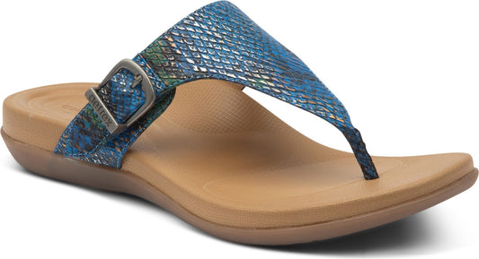 Blue scaled thong sandal with buckle.
