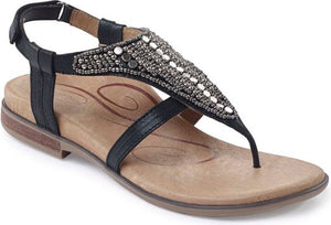 Black sandal with toe loop and jeweled t-strap.