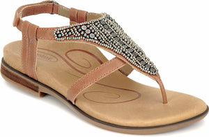 Tan leather T-strap sandal with metallic and gem embellishments.